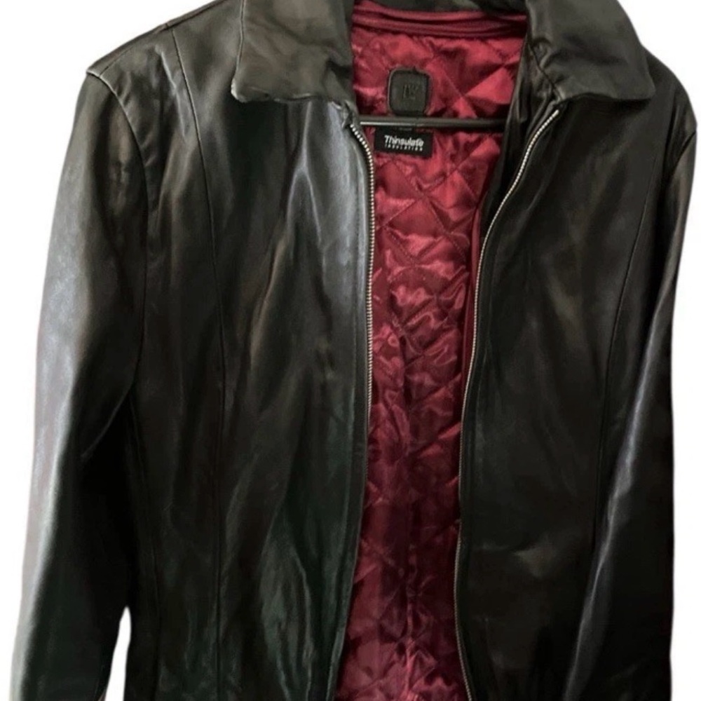 Vintage LW Thinsulate Black Leather Jacket with Red Quilt zip Lining Medium
